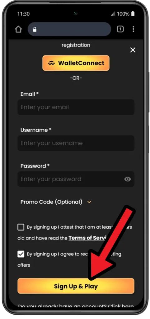WSM Casino registration page with sign-up form
